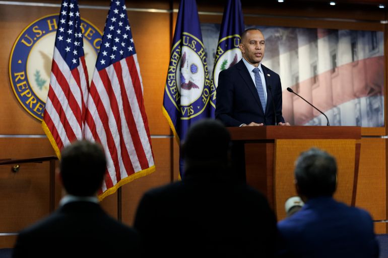 epa12954291 US House Minority Leader Hakeem Jeffries speaks during a press conference at the US Capitol in Washington, DC, USA, 13 May 2026. EPA/WILL OLIVER