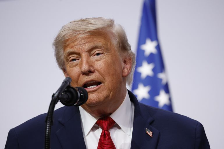 epa13044647 US President Donald J. Trump attends a press conference at the Hotel Royal during the G7 summit in Evian-les-Bains, France, 17 June 2026. The 52nd G7 Summit takes place in Evian-les-Bains from 15 to 17 June 2026. EPA/YOAN VALAT