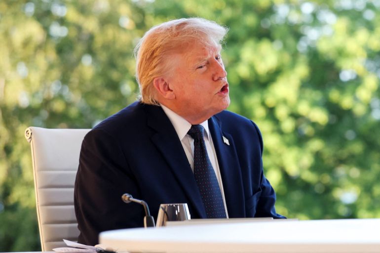 EVIAN-LES-BAINS, FRANCE - JUNE 15: U.S. President Donald Trump attends a working leader's dinner during the G7 Summit at Hotel Royal Evian on June 15, 2026 in Evian-les-Bains, France. Leaders from the Group of 7 (G7) countries convened in Evian, France, near the Swiss border, for their annual summit to discuss challenges to peace and security for Ukraine and Europe, the situation in the Middle East, and other geopolitical issues. (Photo by Isabel Infantes-Pool/Getty Images)