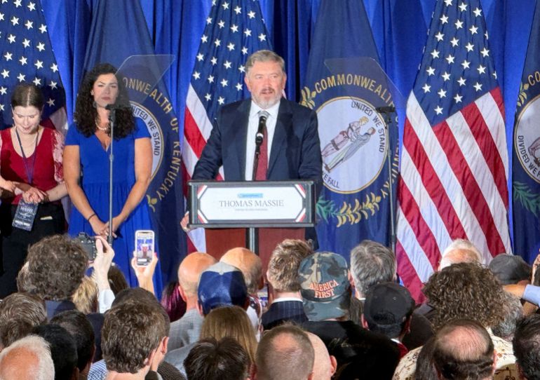 U.S. Representative Thomas Massie (R-KY) gives his concession speech to supporters after losing the Republican primary in Kentucky's 4th congressional district in the U.S. House of Representatives in Hebron, Kentucky, U.S., May 19, 2026. REUTERS/Evan Garcia