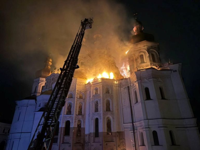 Firefighters work at a site of the Dormition Cathedral of the Kyiv Pechersk Lavra monastery, which burns after it was hit during Russian missile and drone strikes, amid Russia's attack on Ukraine, in Kyiv, Ukraine June 15, 2026. Minister of Culture of Ukraine Tetyana Berezhna via Facebook/Handout via REUTERS THIS IMAGE HAS BEEN SUPPLIED BY A THIRD PARTY. MANDATORY CREDIT