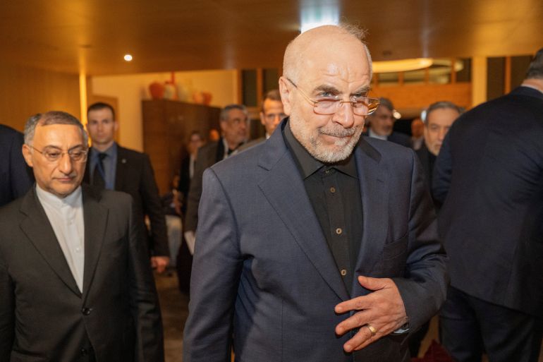 Speaker of the Islamic Parliament of Iran, Mohammed Bagher Ghalibaf, centre, at the Buergenstock resort in Obbuergen, near Lucerne, Switzerland, Sunday, June 20, 2026. URS FLUEELER/Pool via REUTERS
