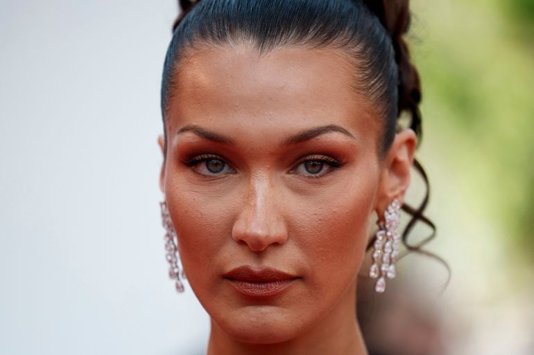 Bella Hadid poses on the red carpet during arrivals for the screening of the film "L'Amour ouf" (Beating Hearts) in competition at the 77th Cannes Film Festival in Cannes, France, May 23, 2024. REUTERS/Stephane Mahe