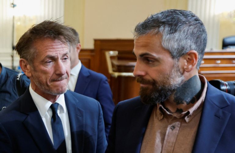 Actor Sean Penn and former Washington police officer Michael Fanone exit after the conclusion of the fifth of eight planned public hearings of the U.S. House Select Committee to investigate the January 6 Attack on the U.S. Capitol, on Capitol Hill in Washington, U.S. June 23, 2022. REUTERS/Jonathan Ernst