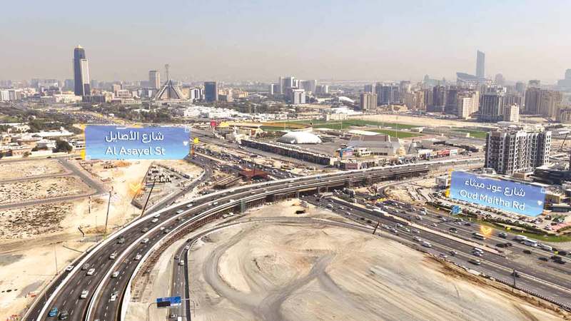 افتتاح جسر رئيس ضمن مشروع تطوير شارعَي عود ميثاء والأصايل الجسر الجديد يوفّر انسيابية في الحركة المرورية. من المصدر