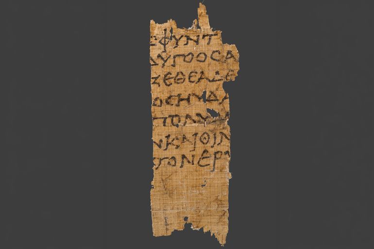 Papyrus Fragment with Text from Homer's Odyssey, 1st century BC. Additional Info: This tiny papyrus fragment, broken on three sides, preserves a passage from the Odyssey by Homer. Believed to have been composed in the 700s BC, the Odyssey tells the story of the hero Odysseus's return from the Trojan War. This passage describes the moment when Odysseus frees his companions, who had been held under a spell by the sorceress-goddess Circe. Sheets of papyrus, made from the fibers of the papyrus plant that grew in Egypt, were the main writing material in the ancient world. From the form of the letters used in this text, scholars can date this papyrus copy of the Odyssey to the first century BC. Additional writing, possibly a commentary on a later section of the Odyssey, covers the back side of the fragment. Creator: Unknown. (Photo by Heritage Art/Heritage Images via Getty Images)