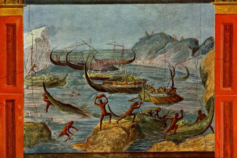 Odysseus' ships are destroyed by giant cannibals, the Laestrigonians. Scene from Homer 's Odyssey. Roman fresco circa 1st century BCE. (Photo by Culture Club/Getty Images)
