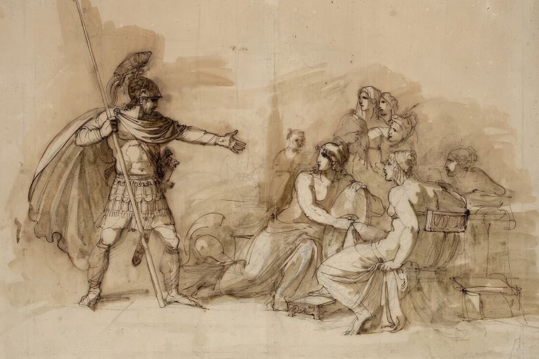 Achilles is recognized by Odysseus on Skyros among the daughters of Lycomedes, around 1800, drawing, pencil, pen, brush, brown ink, according to Cahier: 46 x 67.6 cm. (Photo by: Sepia Times/Universal Images Group via Getty Images)