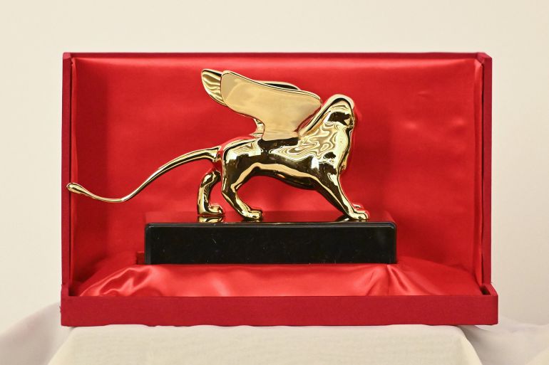 A Golden Lion award is displayed on stage prior to the closing ceremony on the last day of the 77th Venice Film Festival, on September 12, 2020 at Venice Lido, during the COVID-19 infection, caused by the novel coronavirus. (Photo by Alberto PIZZOLI / AFP)