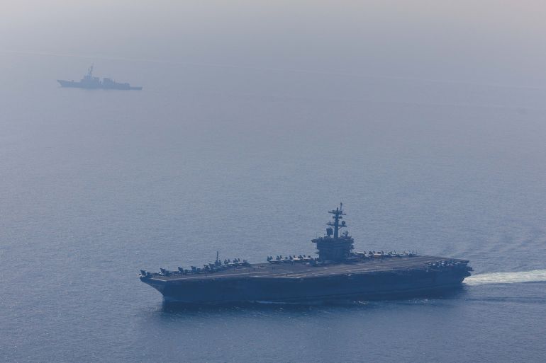 twiter U.S. Central Command @CENTCOM The Abraham Lincoln Carrier Strike Group, accompanied by two military supply ships, and two U.S. Coast Guard cutters, sailed together in the Arabian Sea today as aircraft from Carrier Air Wing 9 flew overhead. Peace through Strength! ⚓️
