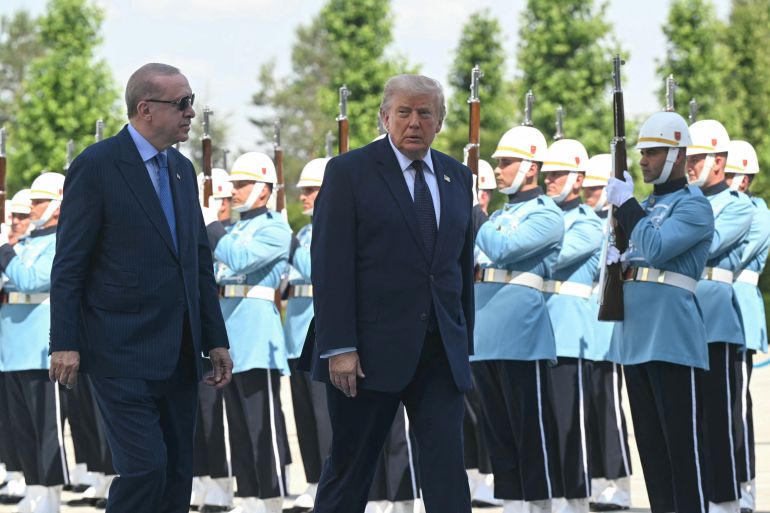Turkish President Recep Tayyip Erdogan (L) hosts US President Donald Trump for a state arrival ceremony at Bestepe Presidential Compound in Ankara, on July 7, 2026, on the sidelines of the NATO Summit.
