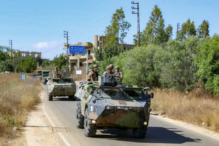 This handout photograph released by the Lebanese army press office on July 15, 2026 shows Lebanese army vehicles patrolling in Froun in the Bint Jbeil district in southern Lebanon.