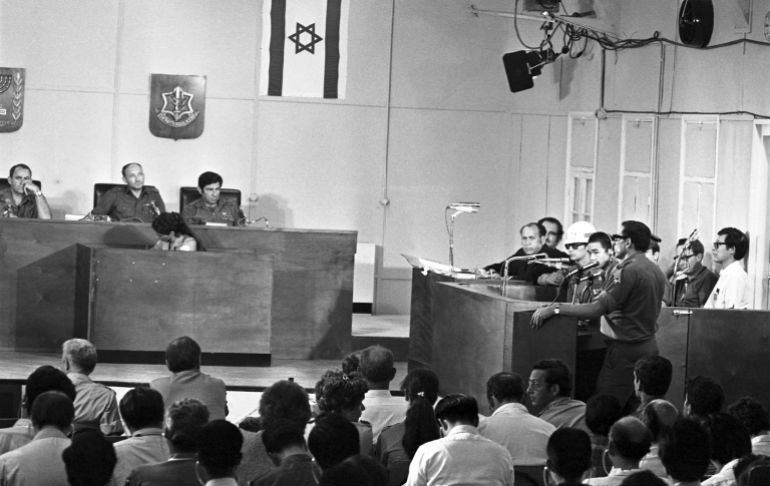 A semi-general view of the military tribunal judging 24 year old Japanese extremist Kozo Okamoto in Lod, Israel on July 11, 1972, for his part in the Lod airport shootings when 24 people were killed and 72 injured, on May 30, 1972. (AP Photo/Max Nash)