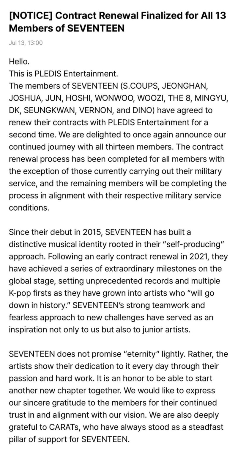 قام جميع أعضاء SEVENTEEN الـ 13 بتجديد عقدهم الحصري مع شركة PLEDIS للترفيه