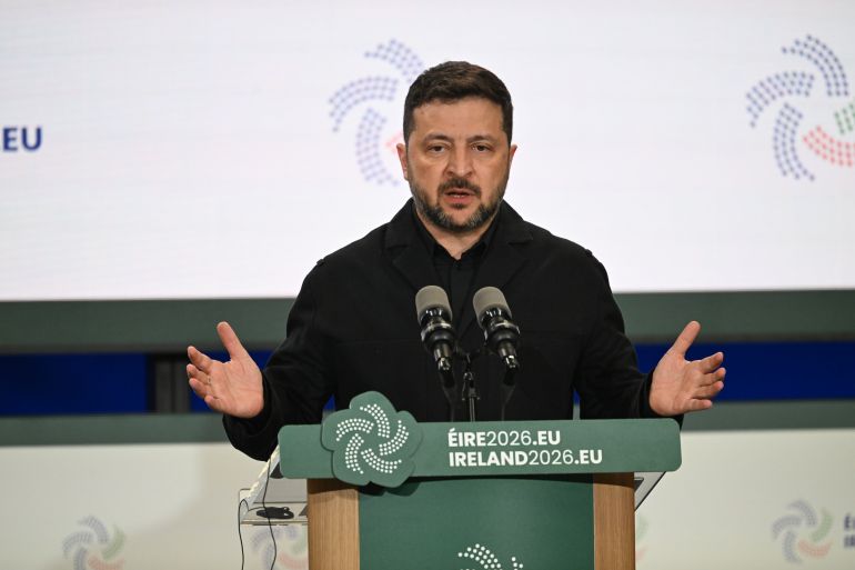 epa13078433 Ukrainian President Volodymyr Zelensky speaks during a press conference following the launch event for Ireland's Presidency of the Council of the European Union in Dublin Castle in Dublin, Ireland, 01 July 2026. Ireland will hold the Presidency for six months until the end of 2026. EPA/BRYAN MEADE