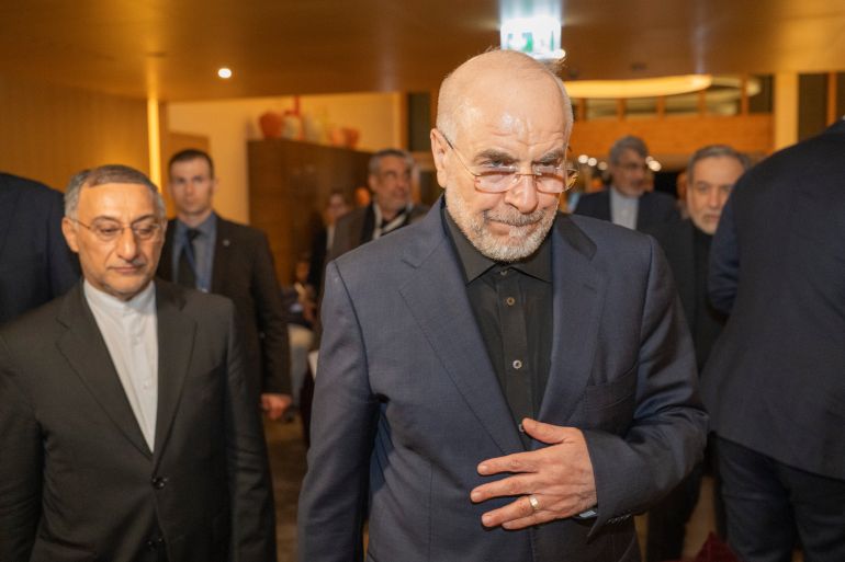 epa13052909 Iran's Speaker of the Islamic Parliament, Mohammed Bagher Ghalibaf (C), attends a meeting at the Bürgenstock resort in Obbürgen, near Lucerne, Switzerland, Sunday, 21 June 2026. Following the signing of a framework agreement on peace in France this week, delegations from the USA and Iran meet at the Bürgenstock resort to discuss further details and technical issues. EPA/URS FLUEELER