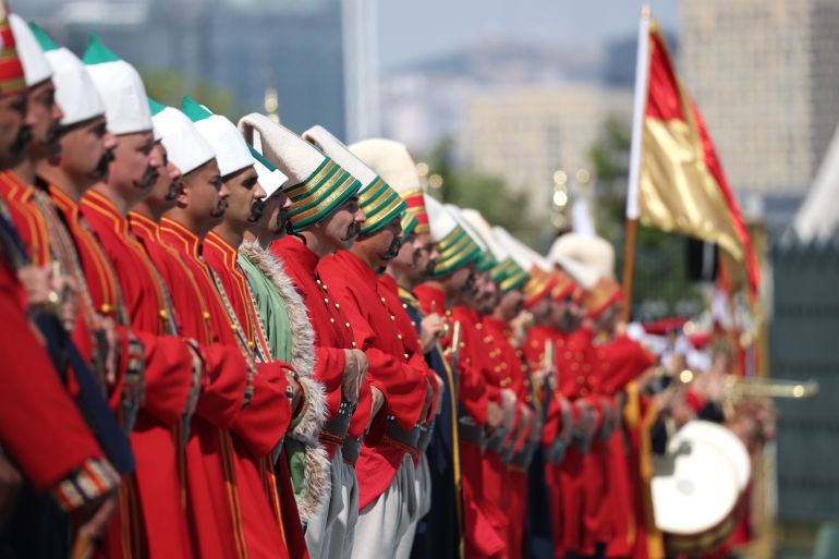 ANKARA, TURKEY - JULY 07: Ottoman soldiers during a state arrival ceremony for U.S. President Donald Trump at the Bestepe Presidential Complex for the annual NATO Summit on July 7, 2026 in Ankara, Turkey. Leaders from NATO's 32 countries, plus NATO allies like Ukraine, gathered in the Turkish capital to discuss a range of issues involving spending targets, defense industrial production, and support for Ukraine, among other topics. (Photo by Win McNamee/Getty Images)