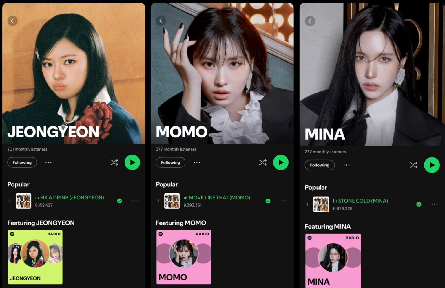 260710 تحديث تويتر TwiceChartDatas - تم فتح ملفات تعريف فردية جديدة على Spotify لـ JEONGYEON وMOMO وMINA
