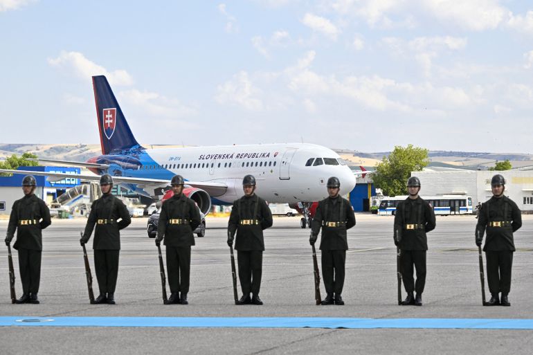ANKARA, TURKIYE - JULY 7: Honor guards line up as Slovakian President Peter Pellegrini arrives at Esenboga Airport ahead of the 36th NATO Heads of State and Government Summit in Ankara, Turkiye, on July 7, 2026. Ismail Kaplan/Pool via REUTERS