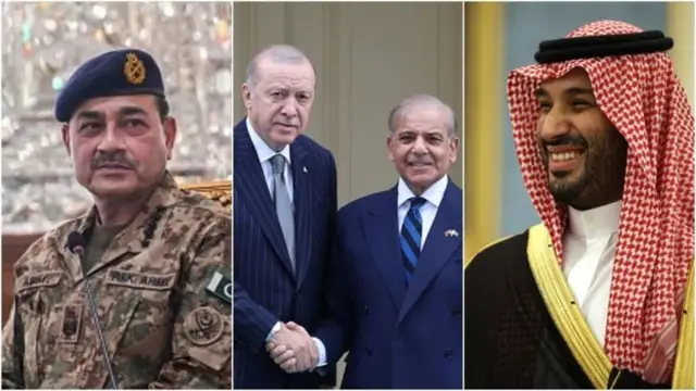ولي العهد السعودي محمد بن سلمان، والرئيس التركي رجب طيب أردوغان،  ورئيس الوزراء الباكستاني شهباز شريف، وقائد الجيش الباكستاني عاصم منير 