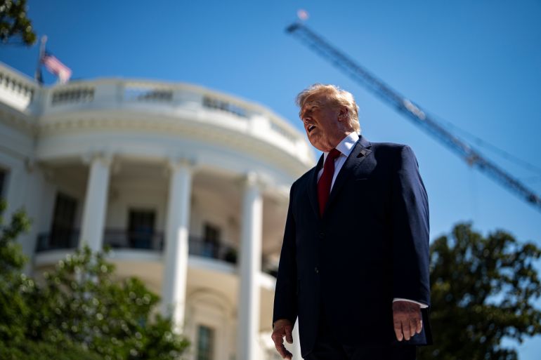 epa13179079 US President Donald Trump speaks to members of the media while touring the White House helipad construction on the South Lawn of the White House in Washington, DC, US, 19 August 2026. EPA/AL DRAGO / POOL
