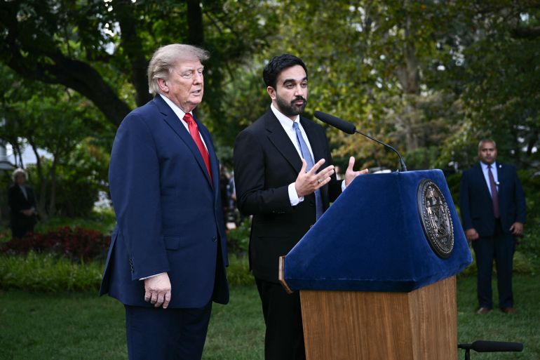 New York City mayor Zohran Mamdani speaks while US President Donald Trump stands beside him after the two met at Gracie Mansion in New York, on September 21, 2026. (Photo by Brendan SMIALOWSKI / AFP)