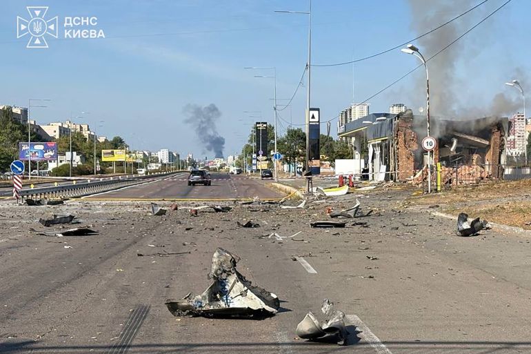 This handout photograph taken and released by the Ukrainian Emergency Service on September 11, 2026 shows a destroyed gas station following an air attack in Kyiv, amid the Russian invasion of Ukraine.