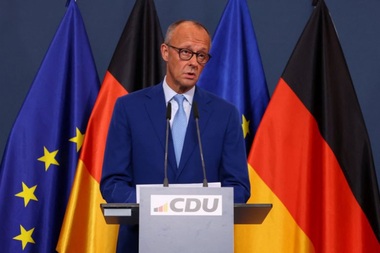 German Chancellor Friedrich Merz gives a statement after first exit polls of the Berlin and Mecklenburg Western Pomerania state elections, at the CDU headquarters in Berlin, Germany, September 20, 2026. REUTERS/Christian Mang