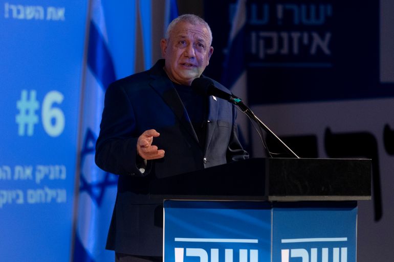 HADERA, ISRAEL - OCTOBER 8: Gadi Eisenkot, leader of the Yashar party, speaks during an election campaign event on October 8, 2026 in Hadera, Israel. Eisenkot, a retired chief of the Israel Defense Forces, has emerged as a leading challenger to Prime Minister Benjamin Netanyahu in the legislative elections at the end of this month. (Photo by Amir Levy/Getty Images)